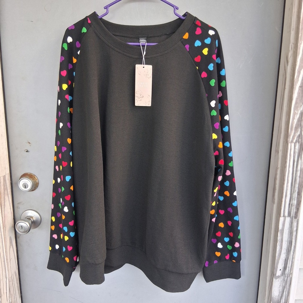 Black Rainbow Heart Print Retro Vapor Wave Raglan Textured Shirt Top 4XL NWT